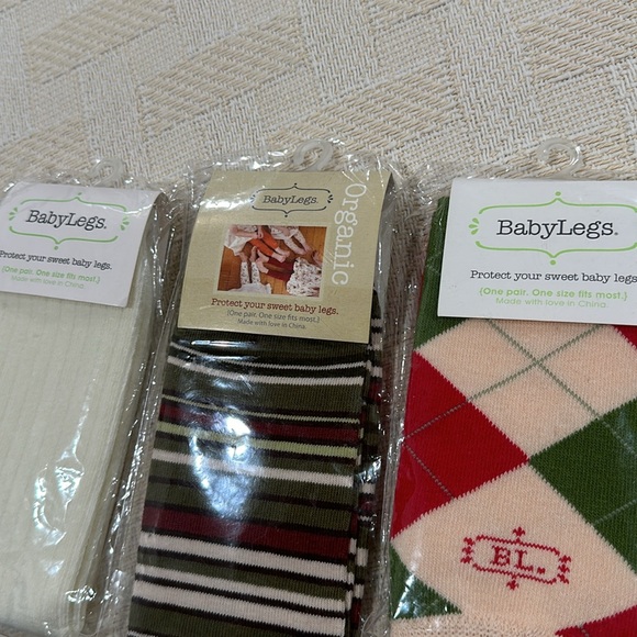 BABYLEGS Leg Warmers neutral cream ribbed mossy green striped stocking plaid OS - Picture 2 of 6